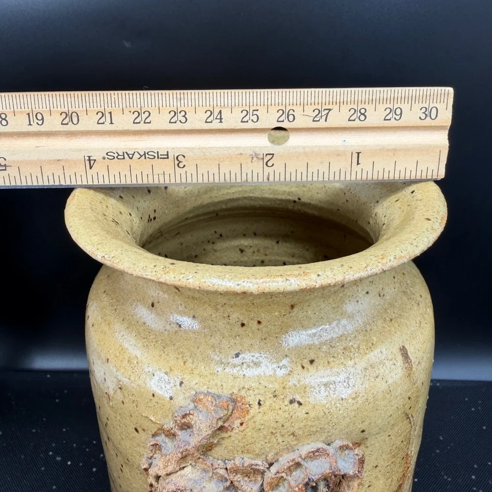 Vintage 1974 Marge Signed Studio Pottery‎ Vase Brutalist 3D Floral Yellow 8 Inch